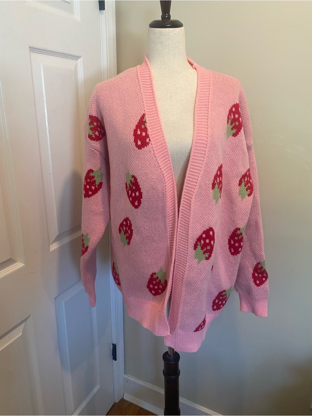 Pink Strawberry-Print Open Front Cardigan Sweater